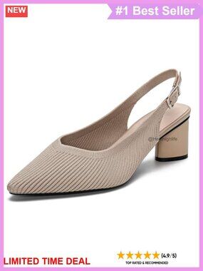 Womens Slingback Heels Adjustable Buckle Knit Block Heel Pointed Toe Office